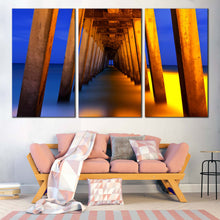 Load image into Gallery viewer, Pier Sea Canvas Wall Art Blue Yellow Pier Ocean  3 Piece Multi Panel Canvas Orange Under Pier Pillars Canvas Print For Living Room
