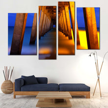 Load image into Gallery viewer, Pier Sea Canvas Wall Art Blue Yellow Pier Ocean  4 Piece Multi Panel Canvas Orange Under Pier Pillars Canvas Print 
