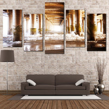 Load image into Gallery viewer, Pier Sea Canvas Wall Art White Ocean Waves Under Pier  5 Piece Canvas Print Brown Pier Pillar Canvas Set In Your Living Room
