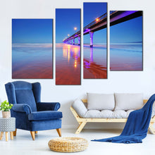 Load image into Gallery viewer, Pier Seascape Canvas Print New Brighton Blue Pier Ocean  4 Piece Canvas Wall Art Purple Pier Lights Reflection Sea Multi Panel Canvas 
