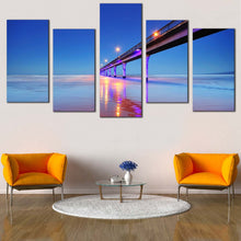 Load image into Gallery viewer, Pier Seascape Canvas Print New Brighton Blue Pier Ocean  5 Piece Canvas Wall Art Purple Pier Lights Reflection Sea Multi Panel Canvas 
