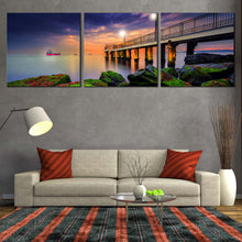 Load image into Gallery viewer, Pier  Seascape  Canvas  Wall  Art  Green  Boulder  Sea  Canvas  Print  Blue  Clouds  Sunset  Sky  Living  Room  3  Piece  Canvas In Living Room
