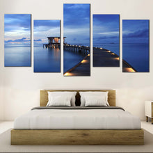 Load image into Gallery viewer, Pier Seascape Canvas Wall Art Yellow Wooden Pier Lights  5 Piece Canvas Print Blue Sea Pier in Maldives Canvas Set For Your Bedroom
