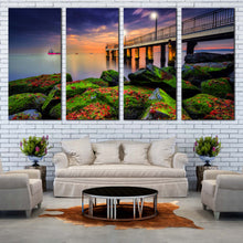 Load image into Gallery viewer, Pier Seascape  Canvas Wall Art Green Boulder Sea Canvas Print Blue Clouds Sunset Sky 4 Piece Canvas For Living room
