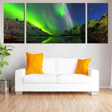 Load image into Gallery viewer, Polor Lights Canvas Wall Art Dramatic Blue Starry Sky 3 Piece Canvas Print Green Ersfjord Norway Aurora Canvas In Living Room
