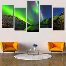 Load image into Gallery viewer, Polor Lights Canvas Wall Art Dramatic Blue Starry Sky  5 Piece Canvas Print Green Ersfjord Norway Aurora Canvas In Living Room
