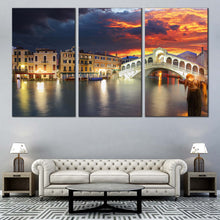 Load image into Gallery viewer, Ponte Rialto Canvas Wall Art Grey Italy Gondola Seascape Canvas Set Venice City Rialto Bridge  3 Piece Canvas Print Dramatic Cloudy For Living Room
