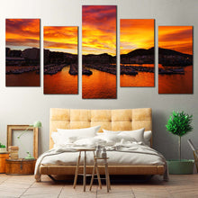 Load image into Gallery viewer, Port Boats Canvas Wall Art Ocean Mountains Canvas Print Orange Port Ocean Canvas Set Yellow Santurtzi Sunrise  5 Piece Canvas For Bedroom
