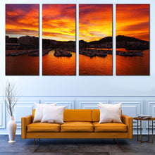 Load image into Gallery viewer, Port Boats Canvas Wall Art Ocean Mountains Canvas Print Orange Port Ocean Canvas Set Yellow Santurtzi Sunrise  4 Piece Canvas In Living room
