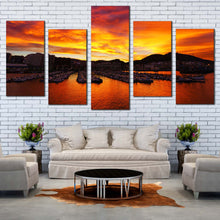 Load image into Gallery viewer, Port Ocean Canvas Print Yellow Santurtzi Sunrise Ocean Mountains  5 Piece Canvas Yellow Port Boats Mountains Sunset Canvas Wall Art In Your Living Room
