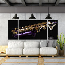 Load image into Gallery viewer, Purple Gold Saxophone Cocktail Glass Close Up dark background 3 panel artwork For Living Room
