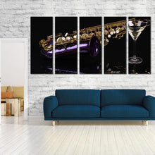 Load image into Gallery viewer, Purple Gold Saxophone Music Dark Background 5 multi panel artwork In Living Room
