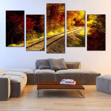 Load image into Gallery viewer, Railroad tracks winding through an autumn coloured forest 5 piece canvas home decor For Living Room
