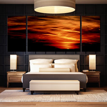 Load image into Gallery viewer, Red  Orange  Yellow  Stormy  Sunset  Triptych  Abstract  Canvas  Art In Bedroom
