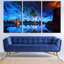 Load image into Gallery viewer, Reed Flute Canvas Wall Art Orange Ocean Rocks  3 Piece Canvas Guilin Blue Crystal Palace Canvas Print Guangxi Province China In Living room
