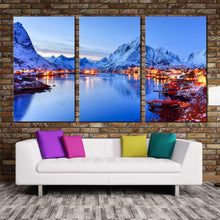 Load image into Gallery viewer, Reinevagen Bay Norway mountain snow triptych home decoration canvas photography In Living Room
