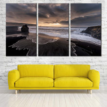 Load image into Gallery viewer, Reynisfjara Beach Canvas Wall Art Grey Iceland Ocean Beach Rocks Canvas Print Dramatic Yellow Cloudy Sky Sea  3 Piece Canvas In Living Room
