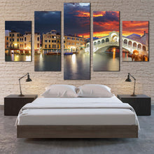 Load image into Gallery viewer, Rialto  Bridge  Canvas  Wall  Art  Venice  City  Dramatic  Orange  Sunset  Canvas  Artwork  Grey  Italy  Gondola  Seascape    5  Piece  Canvas  Print For Bedroom
