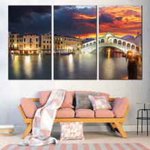 Load image into Gallery viewer, Rialto Bridge Canvas Wall Art Venice City Dramatic Orange Sunset Canvas Artwork Grey Italy Gondola Seascape  3 Piece Canvas Print In Living Room
