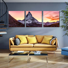 Load image into Gallery viewer, Riffelsee Lake Canvas Print Sunset View of Matterhorn Mountain 3 Piece Canvas Wall Art White Brown Matterhorn Mountain Triptych Canvas Set For Living Room
