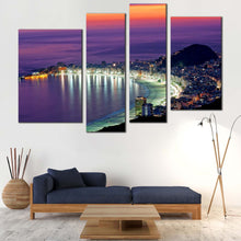 Load image into Gallery viewer, Rio de Janeiro Canvas Wall Art Brazil Evening Orange Ocean Sky Canvas Print Purple Copacabana Beach 4 Piece Multi Canvas In Living Room
