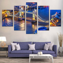 Load image into Gallery viewer, River  Thames  Canvas  Print  London  Yellow  Tower  Bridge  City  Multi  Panel  Canvas  England  Blue  River  Ships  Bridge    5  Piece  Canvas  Wall  Art In Living room
