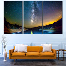 Load image into Gallery viewer, Road Scenery Canvas Wall Art Blue Road Towards Milky Way  3 Piece Canvas Print in Living Room
