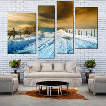 Load image into Gallery viewer, Road Snow Canvas Wall Art White Snowy Path Winter Scenery  4 Piece Canvas Dramatic Brown Cloudy Sky Canvas Print 
