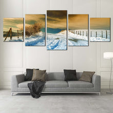 Load image into Gallery viewer, Road Snow Canvas Wall Art White Snowy Path Winter Scenery  4 Piece Canvas Dramatic Brown Cloudy Sky Canvas Print For Living Room
