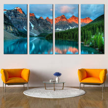 Load image into Gallery viewer, Rocky Mountains Canvas Print Blue Moraine Lake  4 Piece Canvas Wall Art Beautiful Landscape Forest Green Trees In Living room
