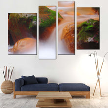 Load image into Gallery viewer, Rocky Waterfall Canvas Wall Art Flowing Waterfall River 4 Piece Multi Canvas Orange Green Mossy Rock Waterfall Canvas Print
