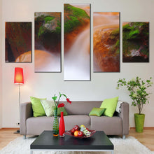 Load image into Gallery viewer, Rocky  Waterfall  Canvas  Wall  Art  Flowing  Waterfall  River  5  Piece  Multi  Canvas  Orange  Green  Mossy  Rock  Waterfall  Canvas  Print In Living Room
