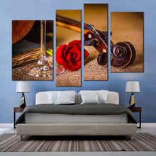 Load image into Gallery viewer, Romantic Violin Canvas Print Red Rose Flower 4 Piece Canvas Wall Art Brown Violin Scroll Canvas Artwork
