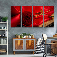 Load image into Gallery viewer, Rose Floral Canvas Print Flower with Red Cloth 4 Piece Canvas Wall Art Beautiful Rose Piano Canvas Print
