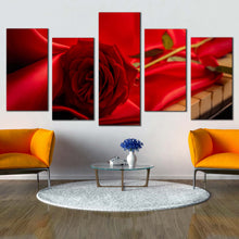 Load image into Gallery viewer, Rose Floral Canvas Print Flower with Red Cloth 5 Piece Canvas Wall Art Beautiful Rose Piano Canvas Print For Living Room
