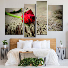 Load image into Gallery viewer, Rose Floral Canvas Print Rose on Brown Wood 4 Piece Canvas Wall Art Red Rose Still Life Canvas Art
