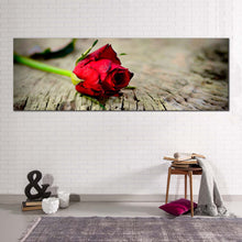 Load image into Gallery viewer, Rose Floral Canvas Print  Rose On Brown Wood Panoramic Canvas WallArt  Red Rose Still Life Canvas Artwork In Living Room
