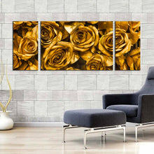 Load image into Gallery viewer, Rose Floral Canvas Wall Art Beautiful Golden Roses Multi Canvas Artwork Yellow Roses Flowers Close Up 3 Piece Canvas Print In Living room
