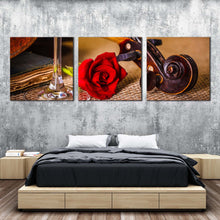 Load image into Gallery viewer, Rose Floral Canvas Wall Art Brown Violin Scroll With Rose 3 Piece Canvas Print Romantic Violin Canvas Set For Bedroom
