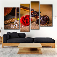 Load image into Gallery viewer, Rose Floral Canvas Wall Art Brown Violin Scroll with Rose 4 Piece Canvas Print Romantic Violin Canvas Set
