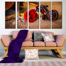 Load image into Gallery viewer, Rose Floral Canvas Wall Art Brown Violin Scroll With Rose 5 Piece Canvas Print Romantic Violin Canvas Set For Living Room
