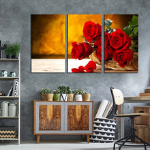 Load image into Gallery viewer, Beautiful Roses Canvas Print Rosses Brown Wall Background Canvas Set Fresh Red Rose 3 Piece Canvas Wall Art
