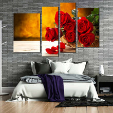 Load image into Gallery viewer, Rose Floral Canvas Wall Art Fresh Red Roses Multi Canvas, Brown Background Flowers 4 Piece Canvas Print
