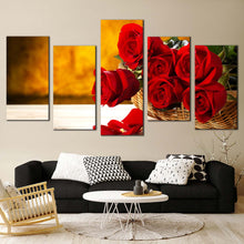 Load image into Gallery viewer, Rose Floral Canvas Wall Art Fresh Red Roses Multi Canvas Brown Background Flowers 5 Piece Canvas Print For Living Room
