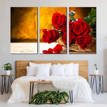 Load image into Gallery viewer, Beautiful Roses Canvas Print Rosses Brown Wall Background Canvas Set Fresh Red Rose 3 Piece Canvas Wall Art In Bedroom
