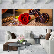 Load image into Gallery viewer, Rose Flower Canvas WallArt  Brown Violin Scroll Canvas Print  Red Rose On Violin 1 Piece Canvas In Living Room
