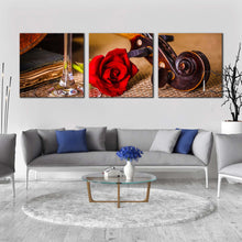 Load image into Gallery viewer, Rose Flower Canvas Wall Art Brown Violin Scroll Canvas Print Red Rose On Violin 3 Piece Multiple Canvas In Living Room
