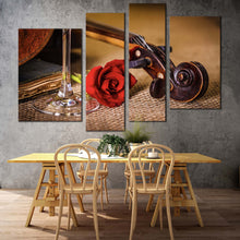 Load image into Gallery viewer, Rose Flower Canvas Wall Art Brown Violin Scroll Canvas Print Red Rose on Violin 4 Piece Multiple Canvas
