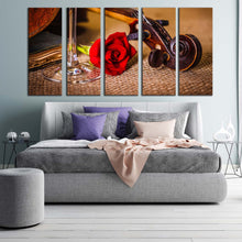 Load image into Gallery viewer, Rose Flower Canvas Wall Art Brown Violin Scroll Canvas Print Red Rose On Violin 5 Piece Multiple Canvas For Bedroom
