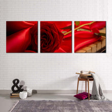 Load image into Gallery viewer, Rose Instrument Canvas Wall Art Red Rose Piano 3 Piece Canvas Print Flower with Cloth Multi Canvas Artwork
